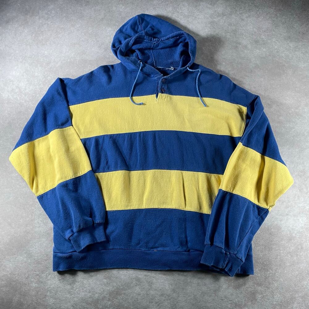 80s 90s Yellow Blue Rugby Style Pullover Sweater Large Boxy
